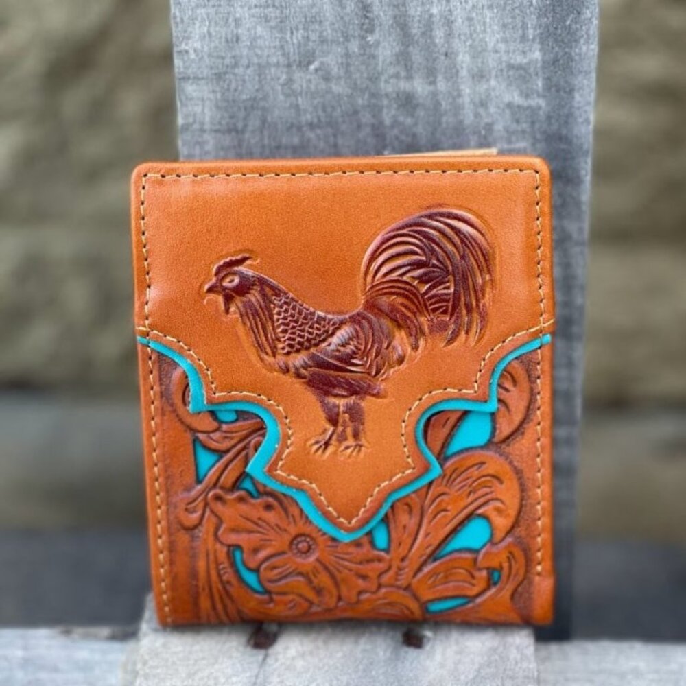 Embossed Rooster Design Light Brown Leather with Turquoise Inlay Bifold Wallet